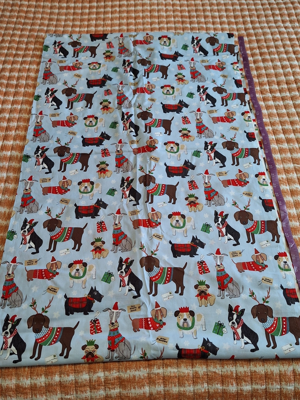 4 Yards Merry Woofmas Holiday Dogs Print Light Blue Fabric